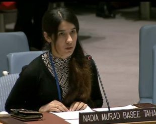Nadia Murad Basee Taha fala nessa sexta-feira (16) no Conselho de Segurança da ONU (Foto: Reprodução/ UN Web TV)